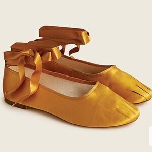 Jcrew pleated satin ribbon-tie ballet flats in rich gold - size 8.5